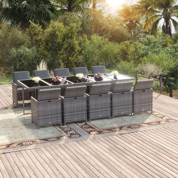 vidaXL 11-tlg. Garten-Essgruppe mit Kissen Poly Rattan Grau, 3095590
