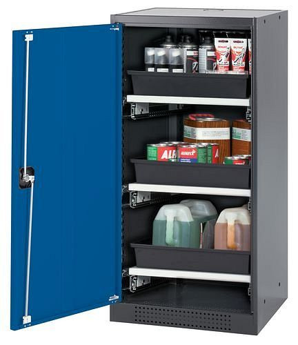 asecos Chemikalienschrank Systema-T CS-53L, Korpus anthrazit, Flügeltüren blau, 3 Tablarauszüge, 208837