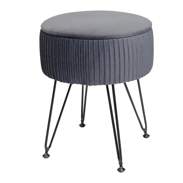 Mendler Sitzhocker HWC-K47, Hocker mit Staufach, Ø 33cm, Samt-Optik, hellgrau, Gestell schwarz, 94407