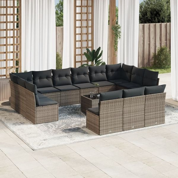 vidaXL 14-teilig Garten-Sofagarnitur mit Kissen Grau Poly Rattan, 3250239