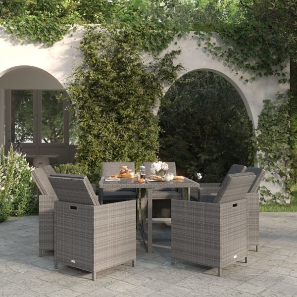 vidaXL 9-tlg. Garten-Essgruppe mit Auflagen Poly Rattan Grau, 3095510