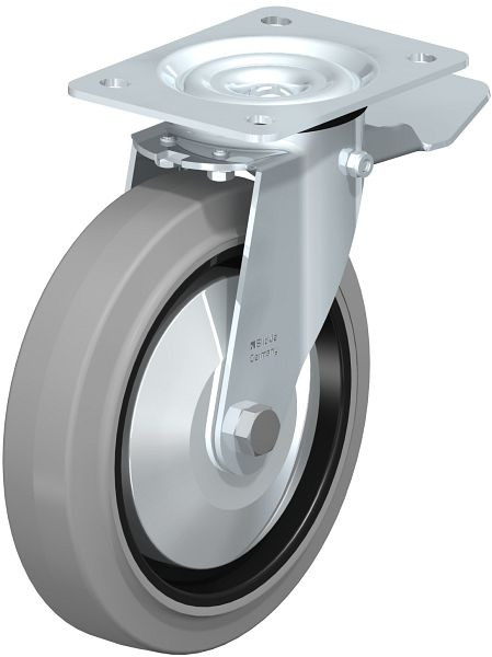 Blickle LE-POEV 200KD-ST-SG-FA Stahlblech-Lenkrolle mit Anschraubplatte & Feststeller, Elastik-Vollgummi, Grau, 749651