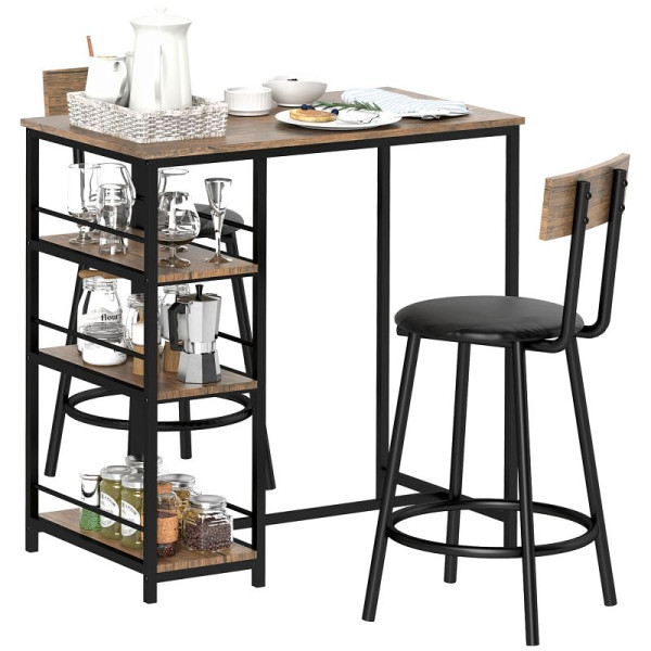HOMCOM 3-teiliges Ess-Set mit Bartisch und 2 Stühlen, Kleines Küchenset mit seitlichen Regalen, MDF, Metall, Schwarz, 83A-217V00AK