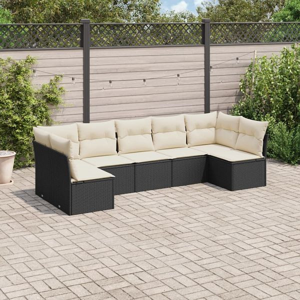 vidaXL 7-tlg. Garten-Sofagarnitur mit Kissen Schwarz Poly Rattan, 3217426