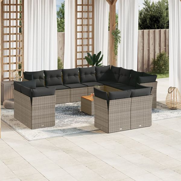 vidaXL 13-teilig Garten-Sofagarnitur mit Kissen Grau Poly Rattan, 3256284