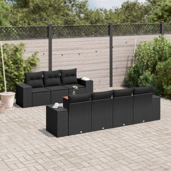 vidaXL 8-tlg. Garten-Sofagarnitur mit Kissen Schwarz Poly Rattan, 3225348