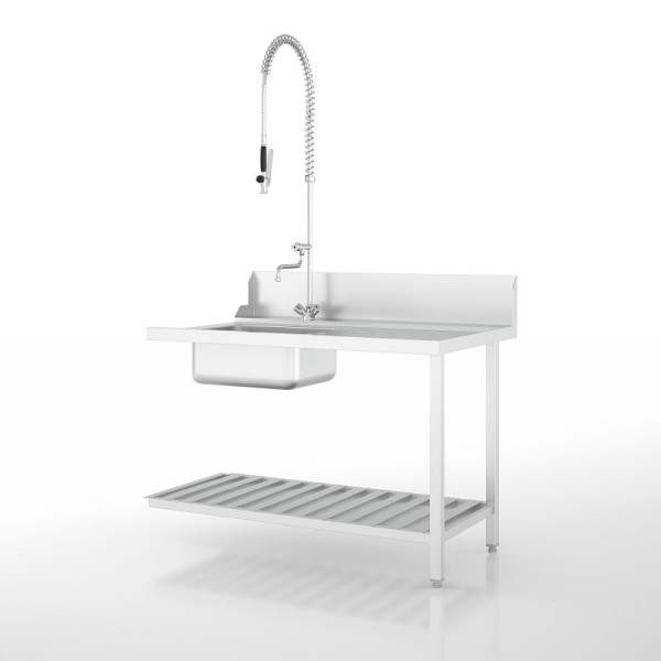 Ackermann Spülmaschinen Zulauftisch mit Becken 1250x800x875 mm - H-Linie, Anbau rechts/front, Unterbau mit Ablagerosten, 9021136
