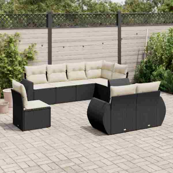 vidaXL 8-tlg. Garten-Sofagarnitur mit Kissen Schwarz Poly Rattan, UV-beständig, 3221635