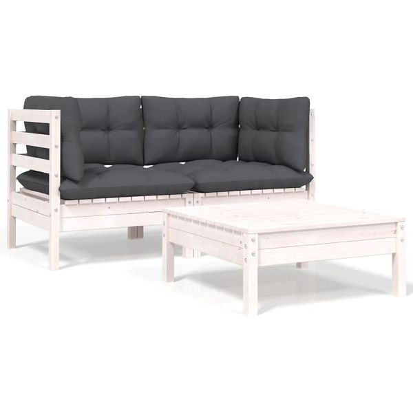 vidaXL 3-tlg. Garten-Lounge-Set mit Kissen in Weiß Kiefer Massivholz, 806677