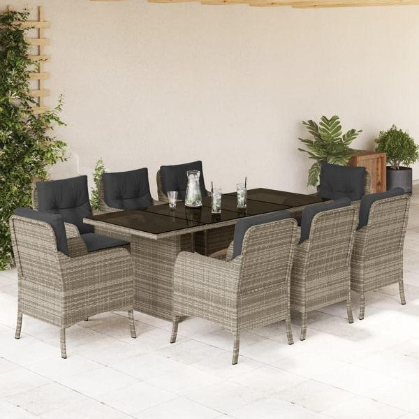 vidaXL 9-teilig Garten-Essgruppe mit Kissen Hellgrau Poly Rattan, 3211891