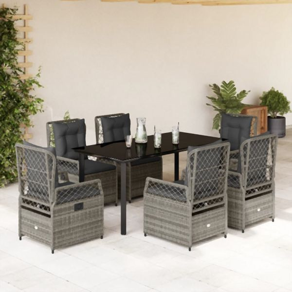 vidaXL 7-tlg. Garten-Essgruppe mit Kissen Grau Poly Rattan, 3262996