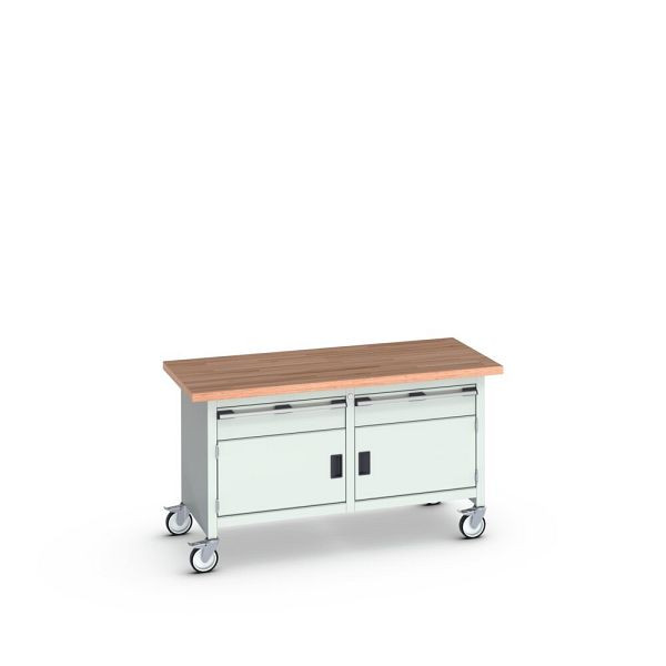 bott cubio Kastenwerkbank mobil 2 Schubladen, 2 Türe, Rotbuche-Arbeitsplatte, BxTxH: 1500x750x840mm, RAL 7035/7035, Lichtgrau, 41002104.16V