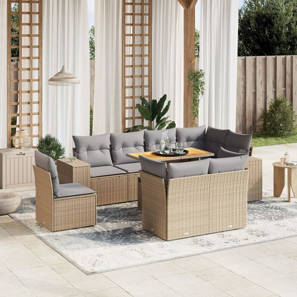 vidaXL 9-teilig Garten-Sofagarnitur mit Kissen Beige Poly Rattan, 3272732