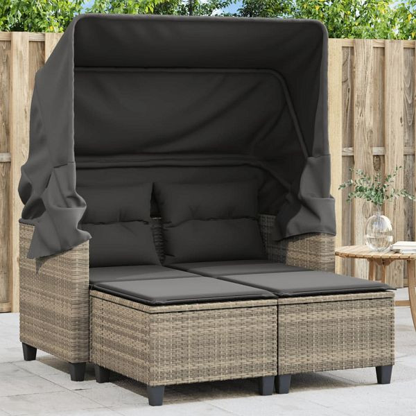 vidaXL Gartensofa 2-Sitzer mit Dach und Hockern Hellgrau Poly Rattan, 365786