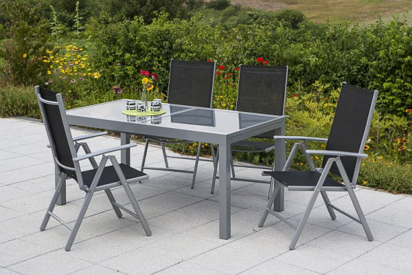 Merxx Amalfi Set 5-teilig, 4 Amalfi Klappsessel, Rückenlehne verstellbar, 1 Ausziehtisch 140 (200) x 90 cm, silber/schwarz, 50347-317