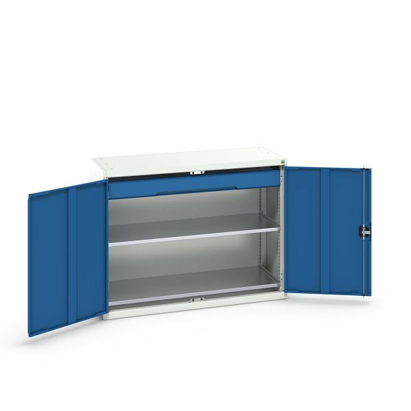 bott verso Flügeltürschrank mit Schublade, mit 2 Fachböden und 1 Schublade, BxTxH: 1300 x 550 x 1000 mm, Lichtgrau / Enzianblau, 16926604.11