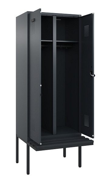 C+P Schwarz-Weiß-Spind Evolo PLUS, Bank, 2 Abteile, 2120x800x815mm, 7016/7016, Drehriegel, Material Sitzfläche Kunststoff, 0490427-22 S10070