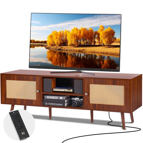 VEVOR Rattan-TV-Ständer 165cm Fernseher Boho-TV-Schrank Fernsehschrank Walnuss, TBDSJ55YCHTM6HGVAV2