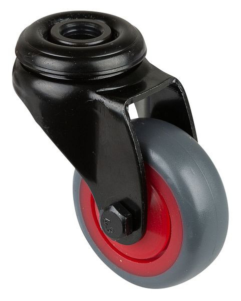 BS Rollen Lenkrolle schwarz, thermoplastisches Gummirad grau, Felge rot, Kugellager, Rückenloch, Durchmesser: 50 mm, VE: 8 Stück, A801.A85.050.03