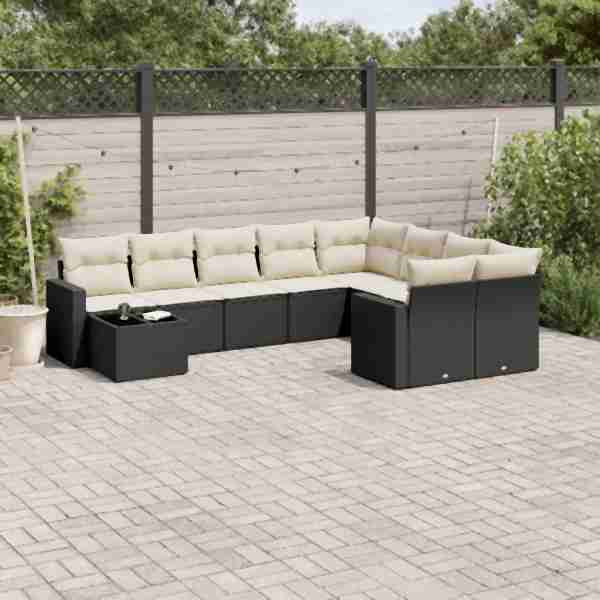 vidaXL 10-tlg. Garten-Sofagarnitur mit Kissen Schwarz Poly Rattan, UV-beständig, 3219446