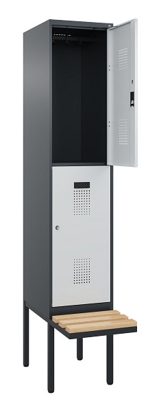 C+P Doppelstock-Spind Evolo PLUS, Bank, 2 Fächer, 2120x400x815mm, 7016/7035, Zylinderschloss, Sitzfläche Buche-Hartholz, 0493407-12 S10044