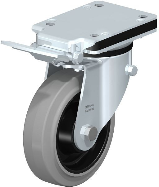 Blickle LK-POEV 160XKA-IS-SG Stahlblech-Lenkrolle, mittelschwere Ausführung, mit Anschraubplatte & Feststeller, Elastik-Vollgummi, Grau, 851277