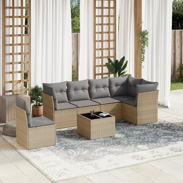 vidaXL 7-teilig Garten-Sofagarnitur mit Kissen Beige Poly Rattan, 3217709