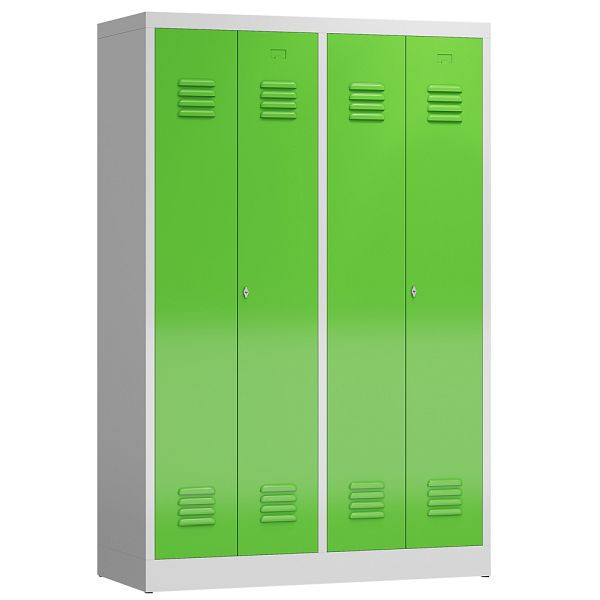 Lüllmann ClassiX Garderobenschrank, 4 Abteile, je 2 mittig schließend, 1800 x 1185 x 500 mm, lichtgrau/gelbgrün, X-510445