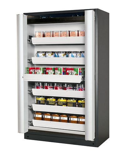 asecos Feuerbeständiger Gefahrstoffschrank Select W-126F, 6 Auszugswannen, Falttüren grau, 233806