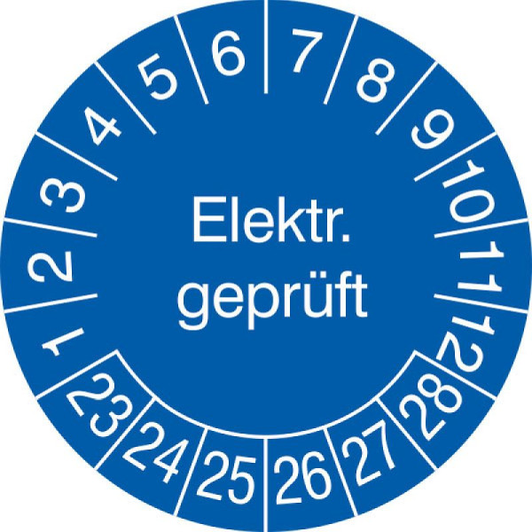 Stein HGS Prüfplaketten mit Jahresfarbe (6 Jahre), 2023-2028 / blau, Modell: Elektrisch Geprüft, Menge: 15er-Bogen, 30.3654-23
