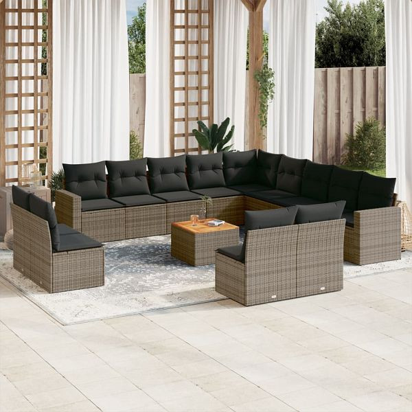 vidaXL 14-teilig Garten-Sofagarnitur mit Kissen Grau Poly Rattan, 3224380