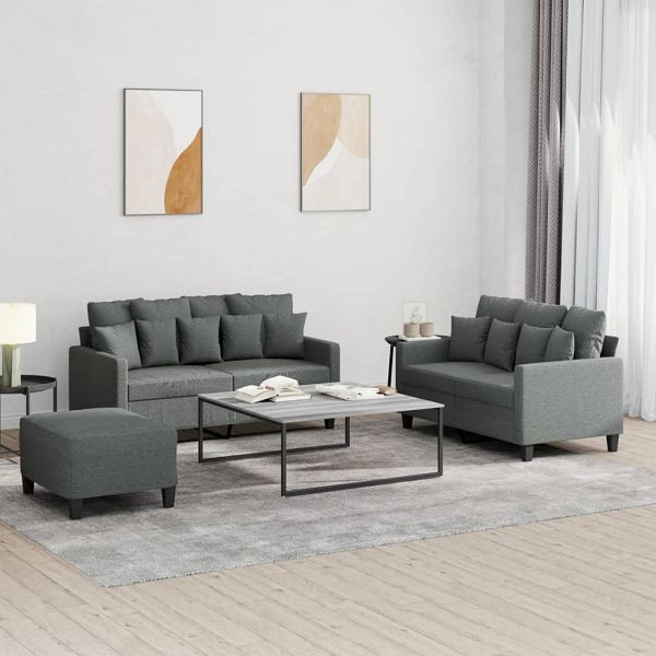 vidaXL 3-teilig Sofagarnitur mit Kissen Dunkelgrau Stoff, 3201657