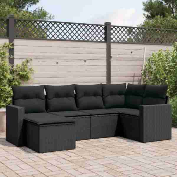 vidaXL 6-tlg. Garten-Sofagarnitur mit Kissen Schwarz Poly Rattan, UV-beständig, 3251592