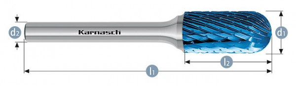 Karnasch Hartmetall-Frässtift Blue-Tec beschichtet WRC/ HP-1 d1=8 / l2=20 / d2=6 / l1=65mm, VE: 3 Stück, 115027075