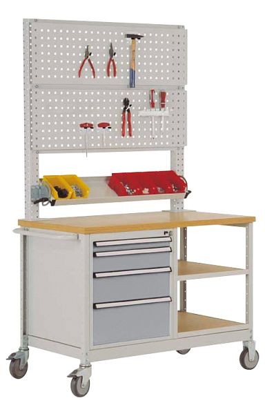 Manuflex Mobile Werkbank Modell 6 mit geölter Multiplex-Abdeckplatte 30 mm BxTxH 1135 x 590 x 810 mm, alusilber, MW2033.9006