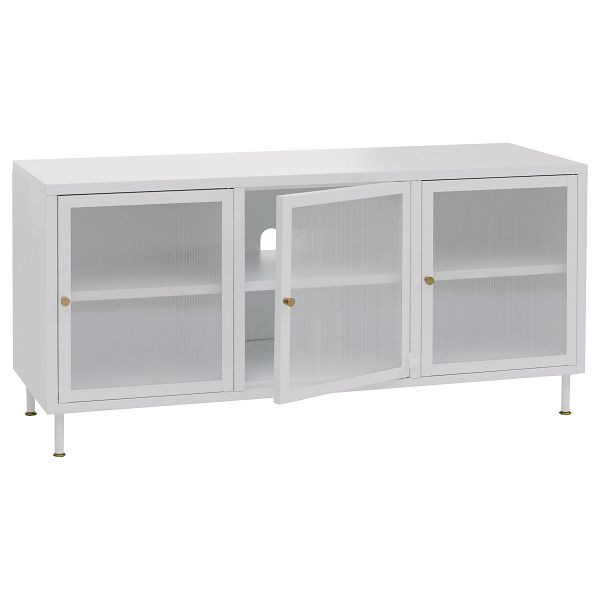 Mendler TV-Rack HWC-O87, Lowboard TV-Schrank Sideboard Türen Staufächer Industrial Metall Schilfglas 58x120x40cm, weiß, 139437+139438