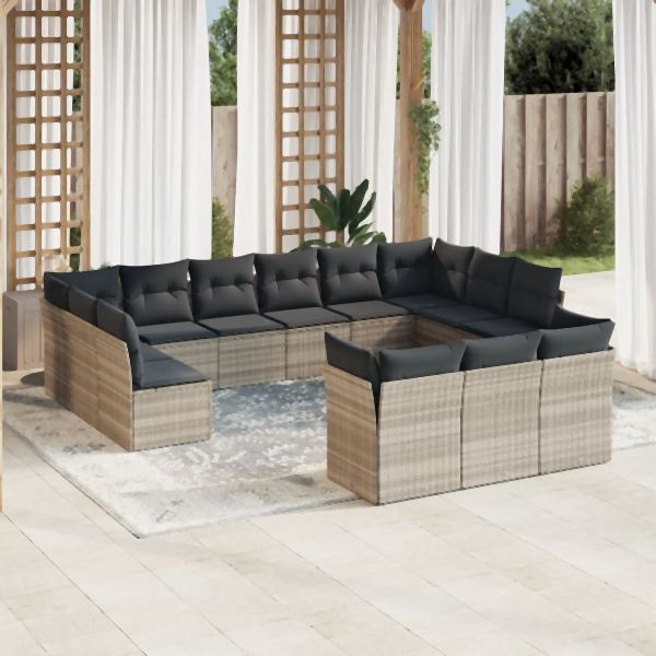 vidaXL 13-tlg. Garten-Sofagarnitur mit Kissen Hellgrau Poly Rattan, 3218452