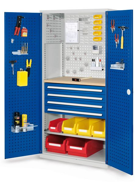 Kappes RasterPlan Schubladenschrank, Modell 16, RAL 7035/5010, Türinnenseite: Lochplatten, 1950 x 1000 x 600 mm, 4 Schubladen H 100 mm, 1460.06.3016