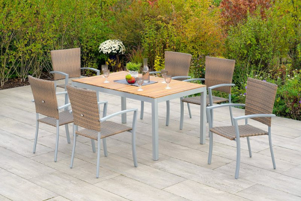 Merxx Savona Set 7-teilig, 6 Stapelsessel, 1 Tisch 150 x 90 cm, Akazientischplatte vertikal gestreift, Silber/naturgrau, 50732-228