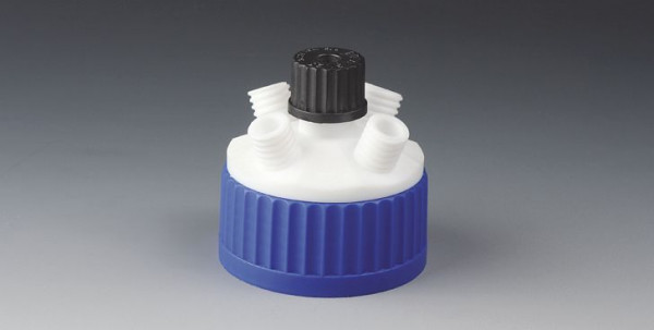 Bohlender Reaktionsgefäßdeckel (R) für Gewinde GLS 80, Verteilerkörper aus PTFE. Mittelhals GL 25, Rührwellen-Durchmesser in mm: 10, D 744-24