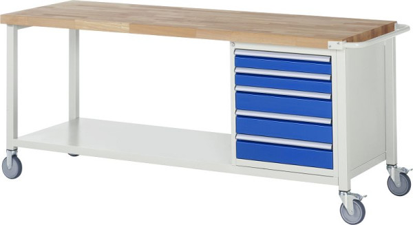 RAU Fahrbare Werkbank 8000 - Modell 8171, B2000 x T700 x H880-1080 mm, Systemunterbau B1995 x T650 mm, 5 Schubladen, 05-8171A6-207B4H.11