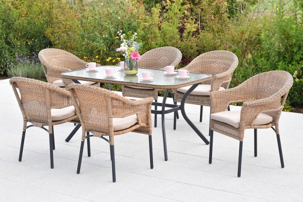 Merxx Ravenna Set 7-teilig, 6 Stapelsessel, 6 Sitzkissen, beige, 1 Tisch 150 x 85 cm, matte Glasplatte mit Geflechtrand, Graphit/Natur, 50938-311