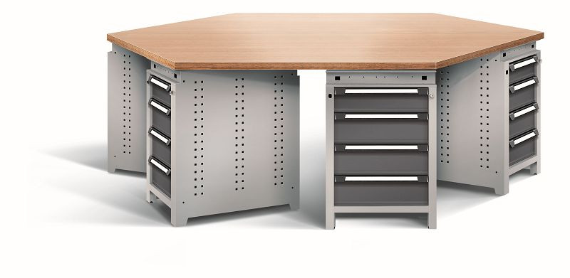 Otto Kind team-work Arbeitsplatz function, mit 6 Unterbauten Typ 107, Schubladen, Multiplexplatte 6-eckig, Gehäuse RAL 9006, Front RAL 7016, 07442804S