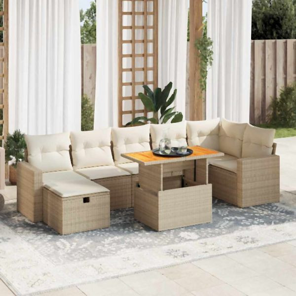 vidaXL 5-tlg. Garten-Sofagarnitur mit Kissen Beige Poly Rattan Akazie, 3328010