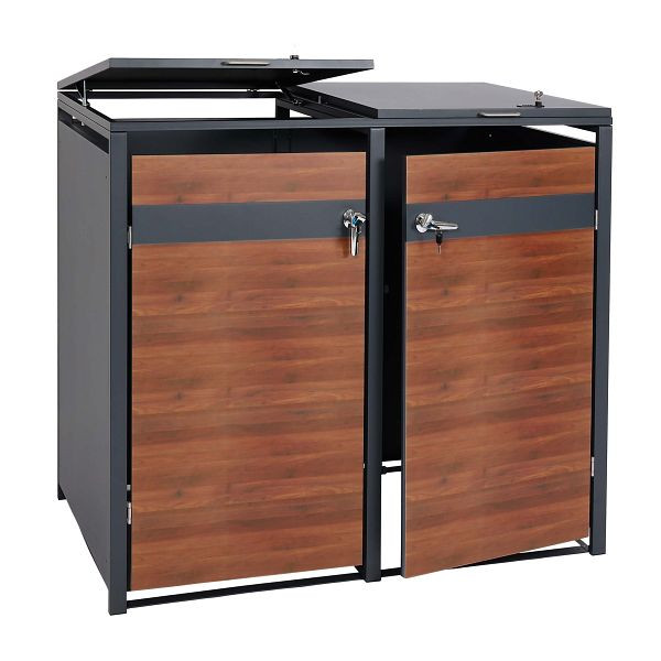 Mendler XL 2er/4er-Mülltonnenverkleidung HWC-J82, Mülltonnenbox, Metall 59kg, anthrazit, Kirsche-Holzoptik dunkelbraun, 83429+83430