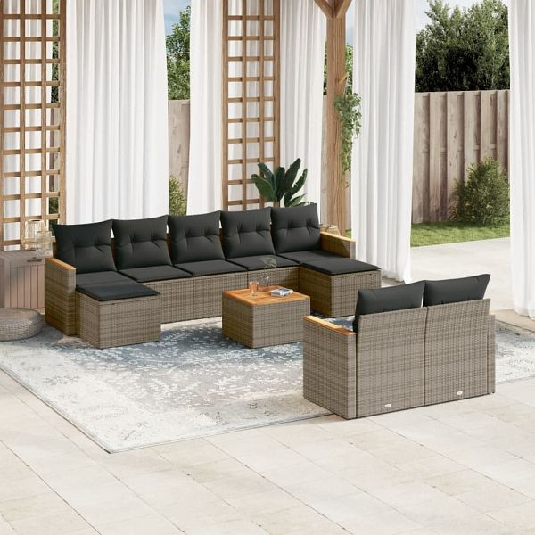 vidaXL 10-teilig Garten-Sofagarnitur mit Kissen Grau Poly Rattan, 3226410