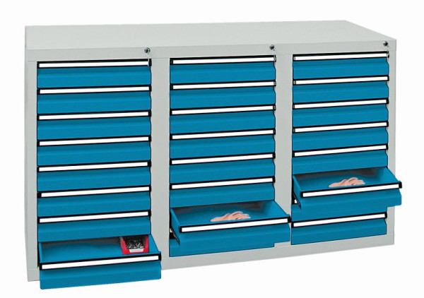 stumpf Schubladenschrank, Breite 150 cm, 100 % Teleskopauszüge, 40 kg / Schublade, 24 Schubladen, lichtgrau / lichtblau, 7103178