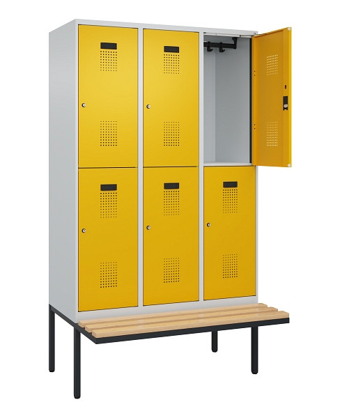 C+P Doppelstock-Spind Evolo PLUS, Bank, 6 Fächer, 2120x1200x815mm, 7035/1004, Zylinderschloss, Sitzfläche Buche-Hartholz, 0493407-32 S10027