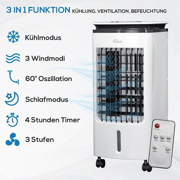 TroniTechnik LK02 Klimaanlage ohne Abluftschlauch, 3-in-1 Air Cooler, Leiser Ventilator, Luftbefeuchter & Nachtmodus, Wasserkühlung, 80 W, 300 m³/h, 3791