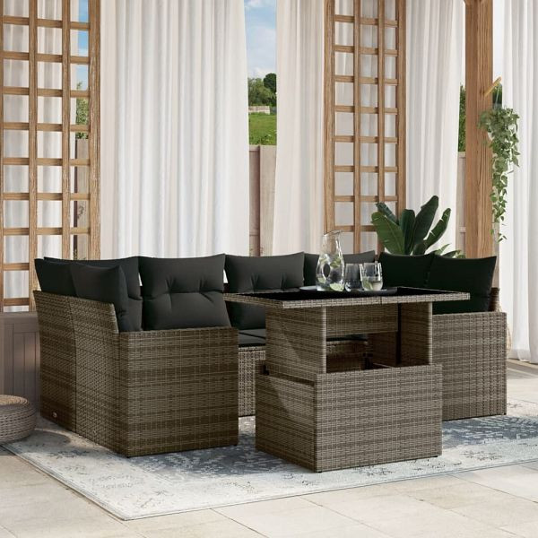 vidaXL 7-teilig Garten-Sofagarnitur mit Kissen Grau Poly Rattan, 3267130